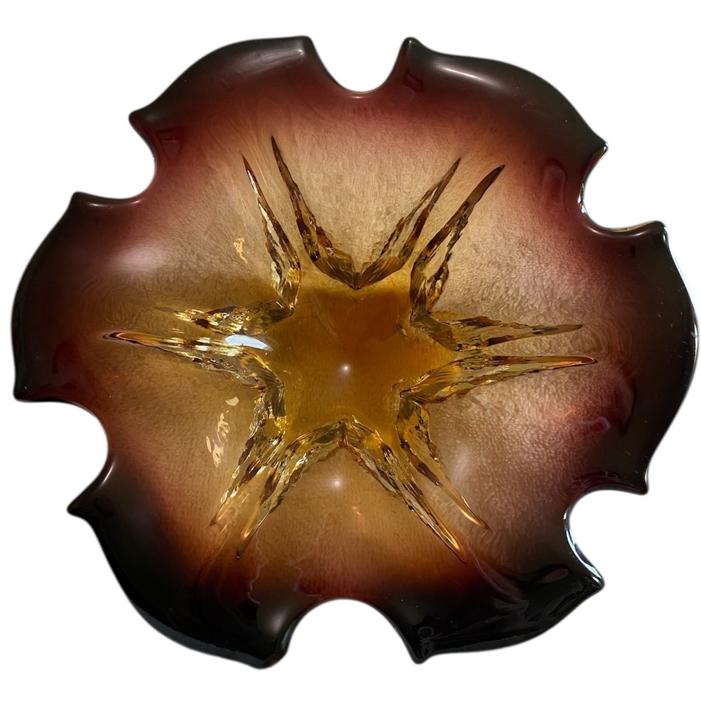 Vintage Amethyst Amber Murano Art Glass Dish 8”. CC